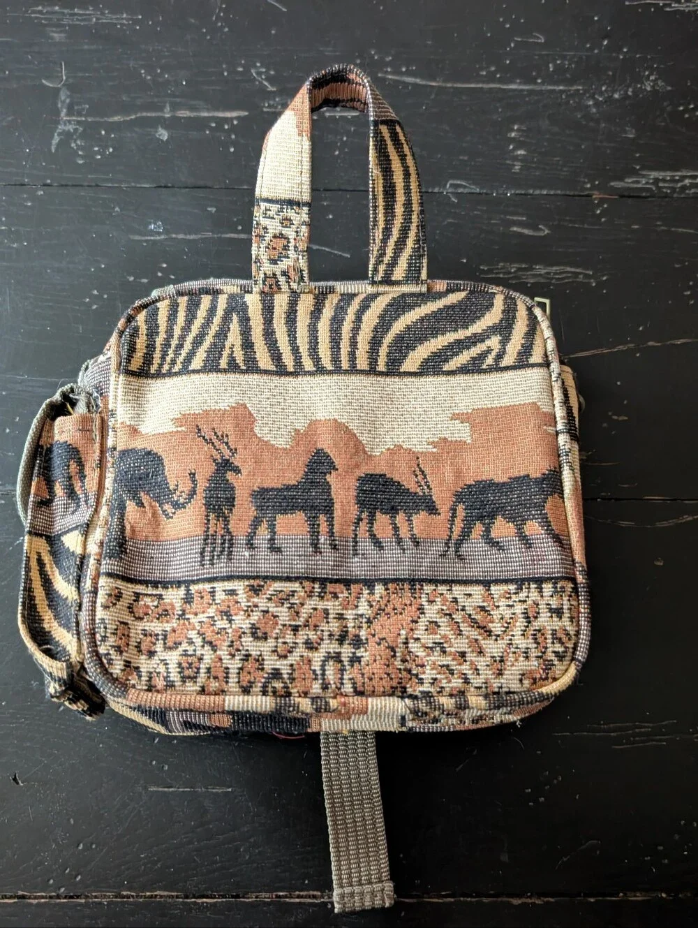 Vintage 90s Y2K Safari Tapestry Crossbody Multi-pocket Utility Bag Gorpcore